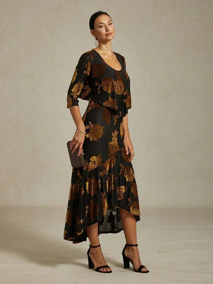 Velvet Floral Evening Gown with Asymmetrical Hem