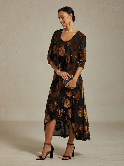 Navy Floral Chiffon Evening Gown with Asymmetrical Hem