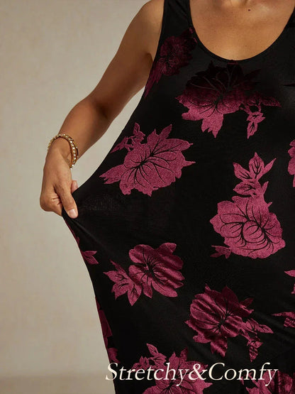 Navy Floral Chiffon Evening Gown with Asymmetrical Hem