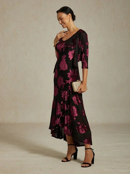 Velvet Floral Evening Gown with Asymmetrical Hem