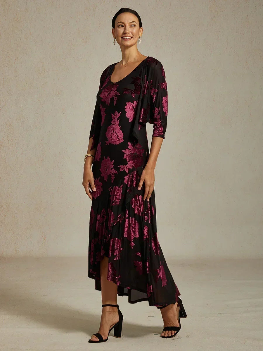 Navy Floral Chiffon Evening Gown with Asymmetrical Hem
