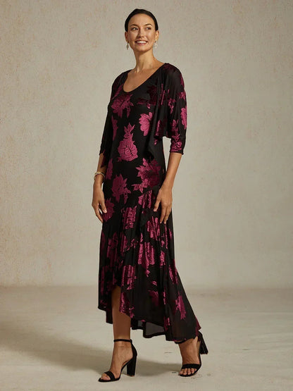 Navy Floral Chiffon Evening Gown with Asymmetrical Hem