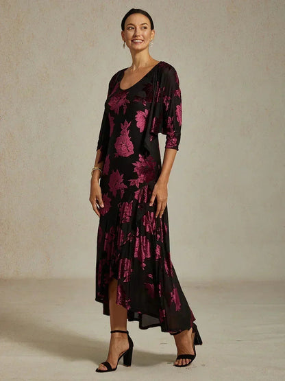 Floral Chiffon Evening Gown with Asymmetrical Hem