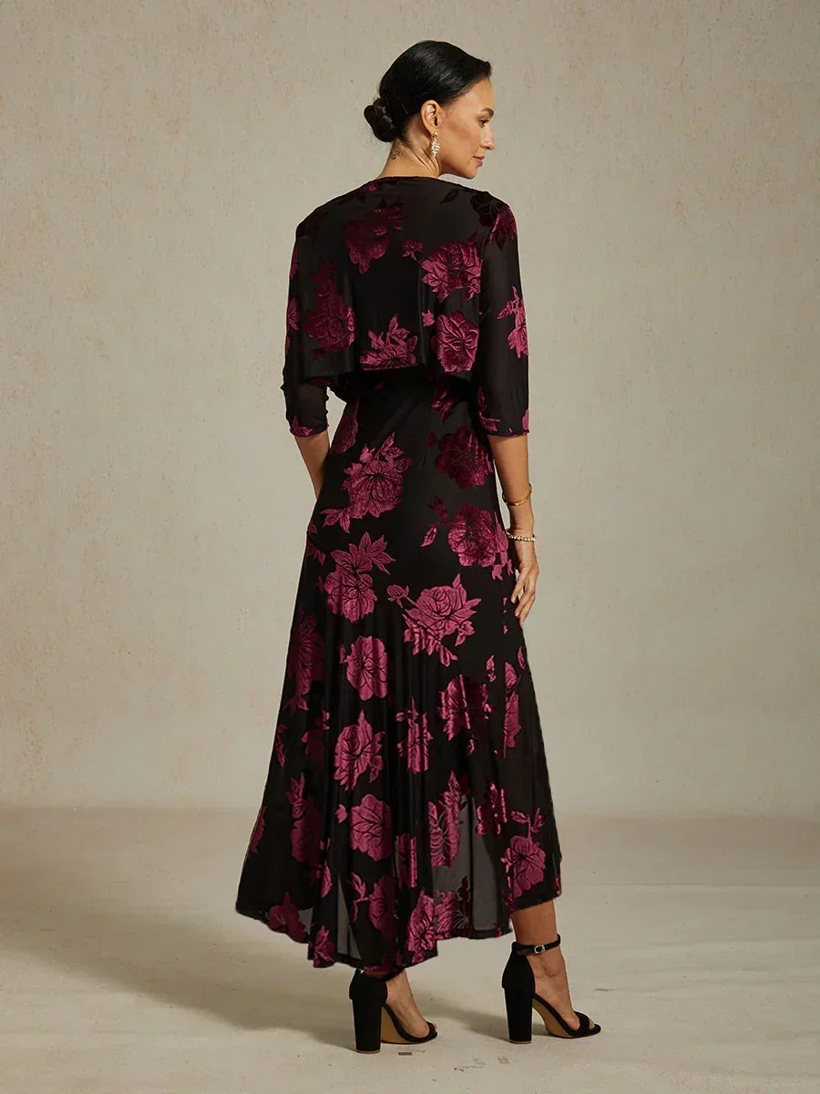 Navy Floral Chiffon Evening Gown with Asymmetrical Hem