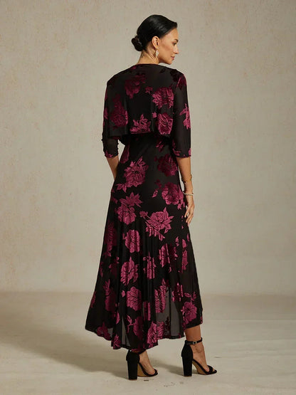 Navy Floral Chiffon Evening Gown with Asymmetrical Hem