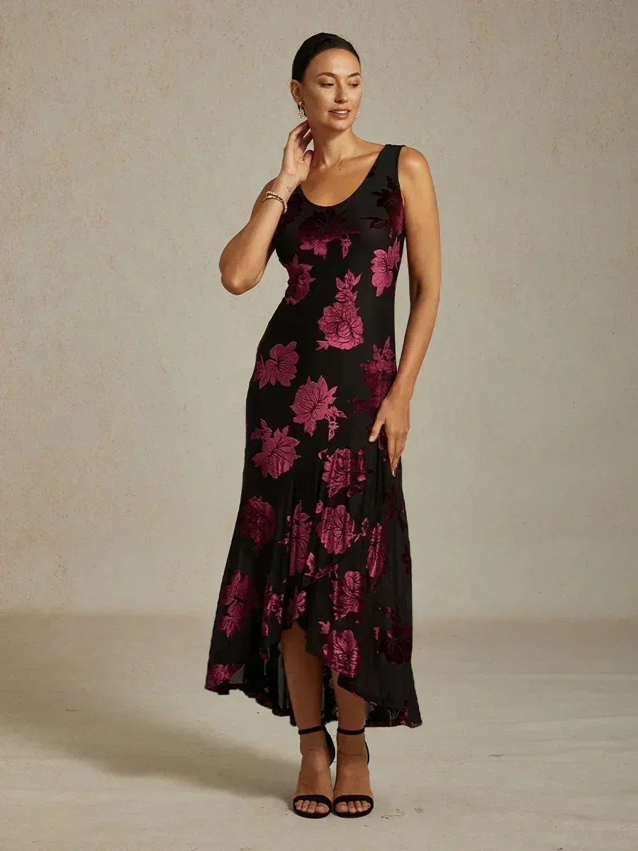 Velvet Floral Evening Gown with Asymmetrical Hem