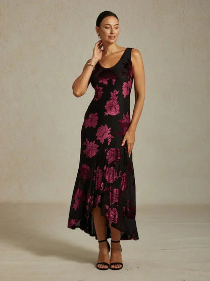 Navy Floral Chiffon Evening Gown with Asymmetrical Hem