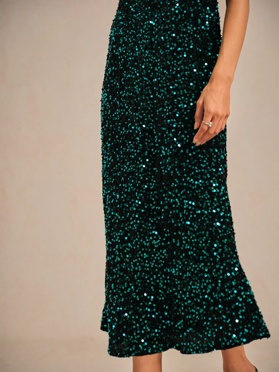 Velvet Sequin Midi Dress with Puff Sleeves