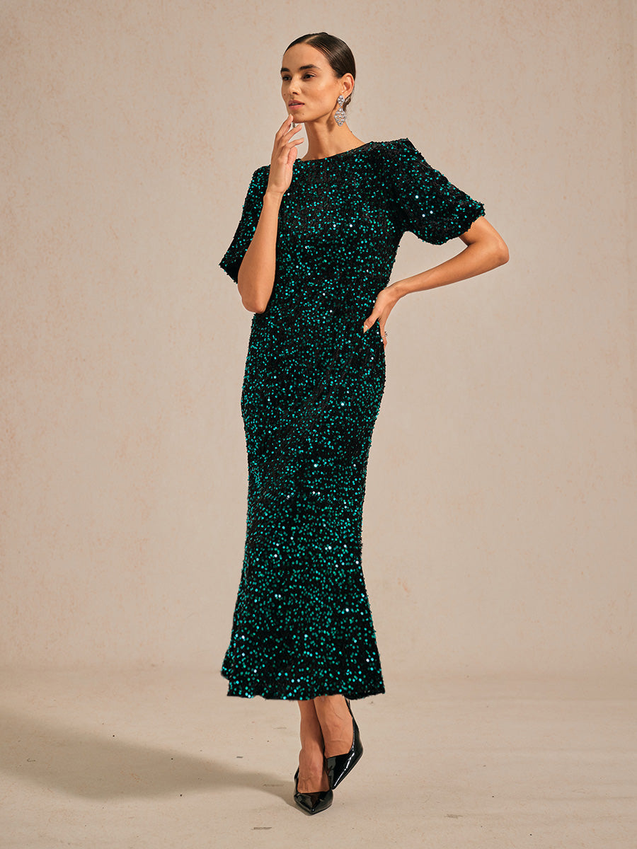 Velvet Sequin Midi Dress with Puff Sleeves