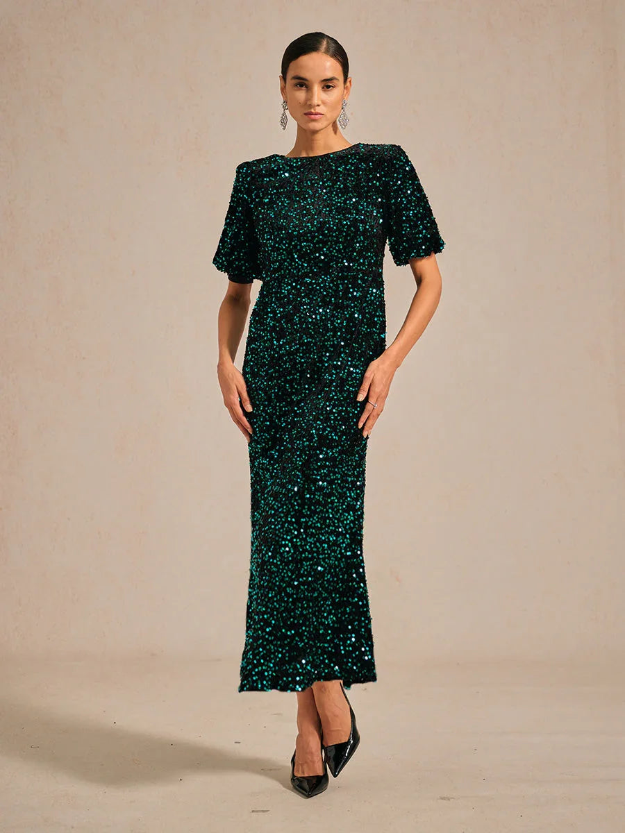 Velvet Sequin Midi Dress with Puff Sleeves