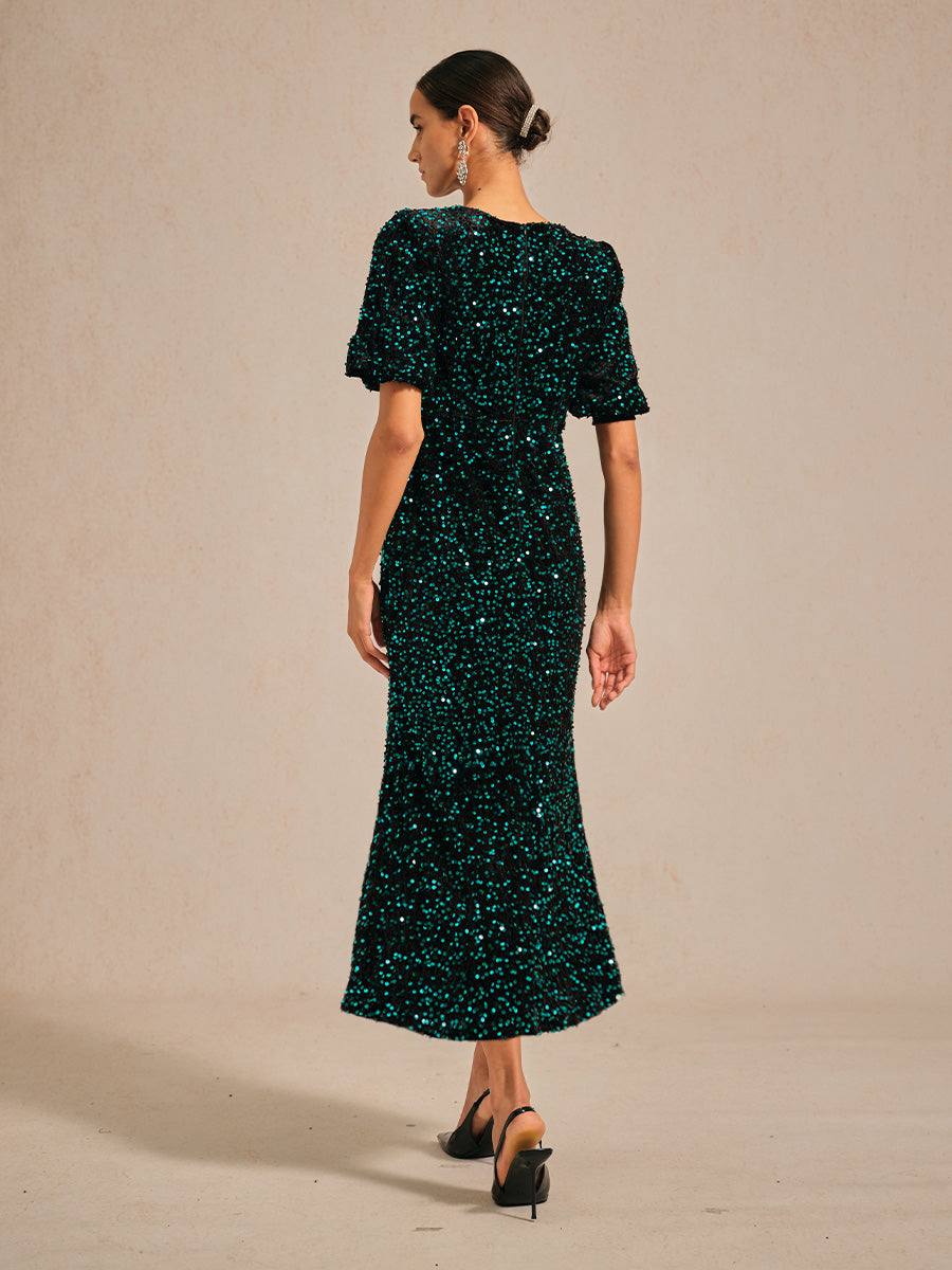 Velvet Sequin Midi Dress with Puff Sleeves