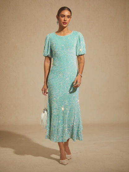 Velvet Sequin Midi Dress with Puff Sleeves