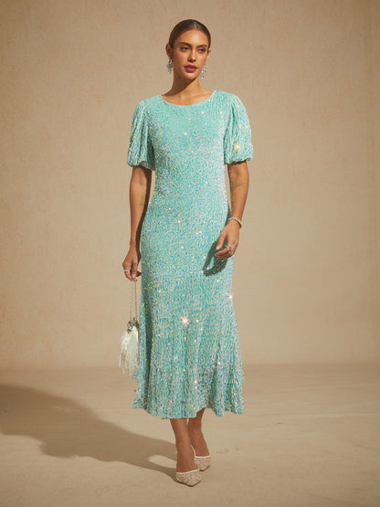 Velvet Sequin Midi Dress with Puff Sleeves