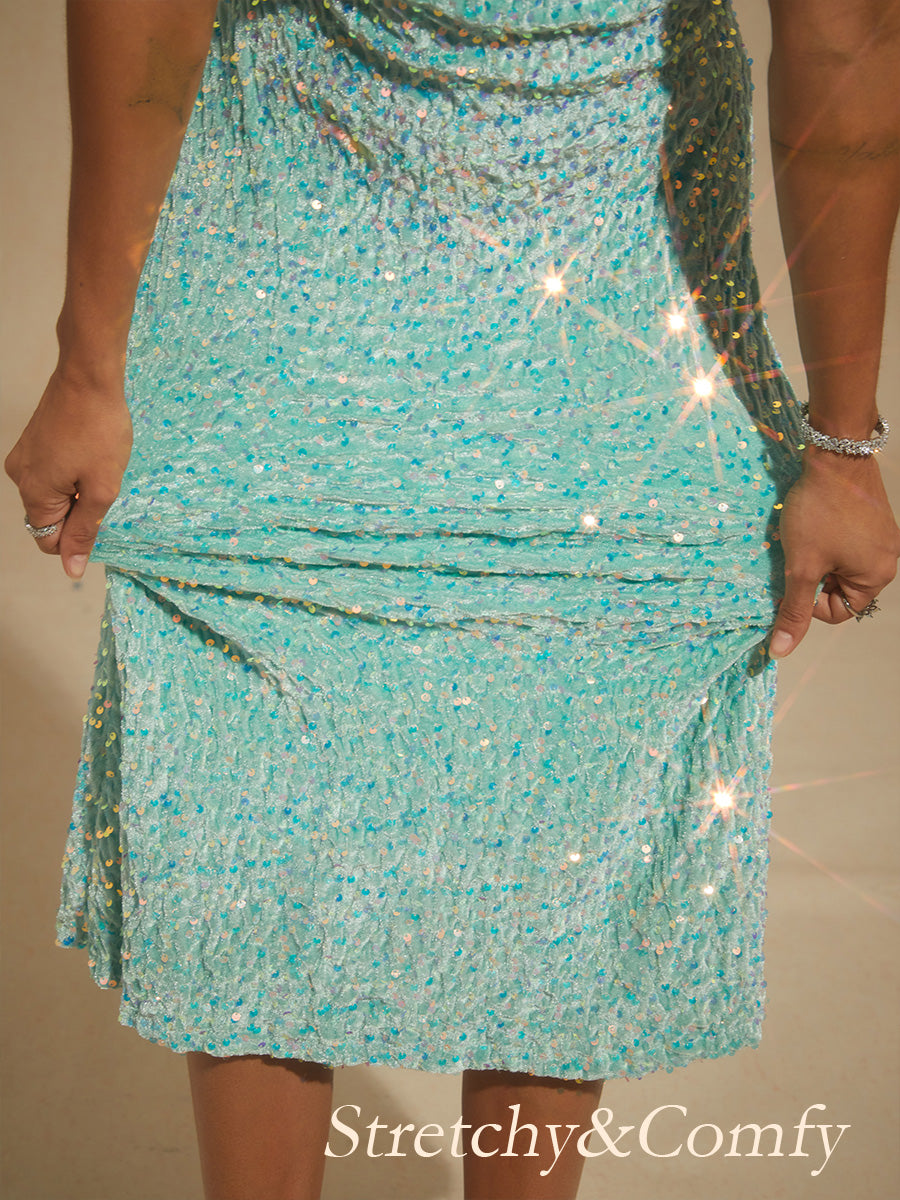 Velvet Sequin Midi Dress with Puff Sleeves