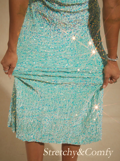 Velvet Sequin Midi Dress with Puff Sleeves