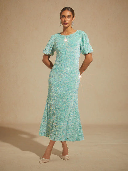 Velvet Sequin Midi Dress with Puff Sleeves