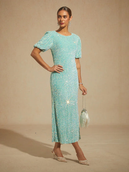 Velvet Sequin Midi Dress with Puff Sleeves