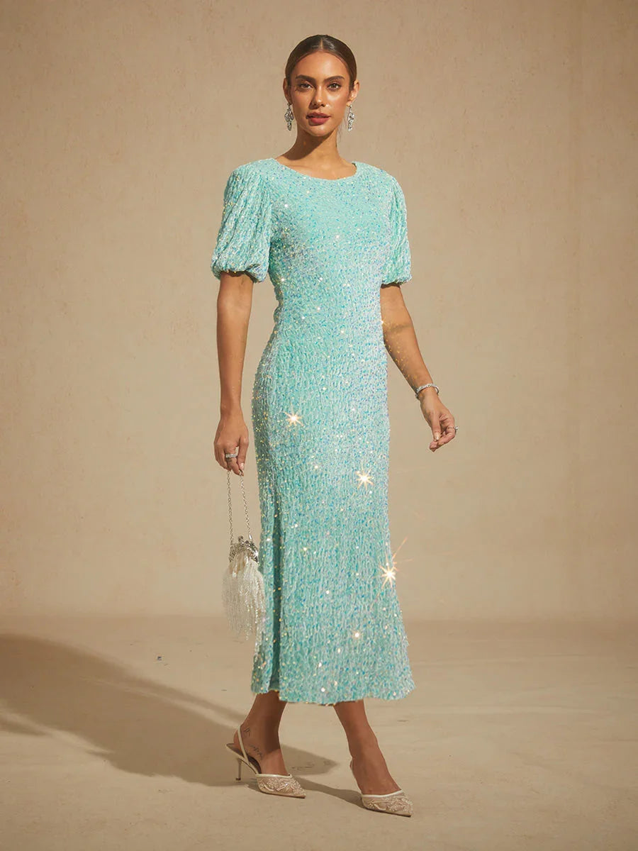 Velvet Sequin Midi Dress with Puff Sleeves