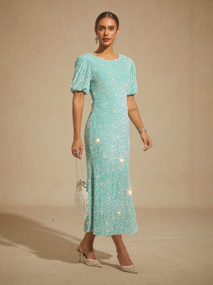Velvet Sequin Midi Dress with Puff Sleeves