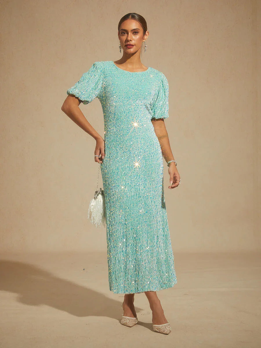 Velvet Sequin Midi Dress with Puff Sleeves