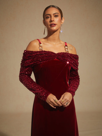 Off-Shoulder Velvet Midi Dress with Metal Ring Strap