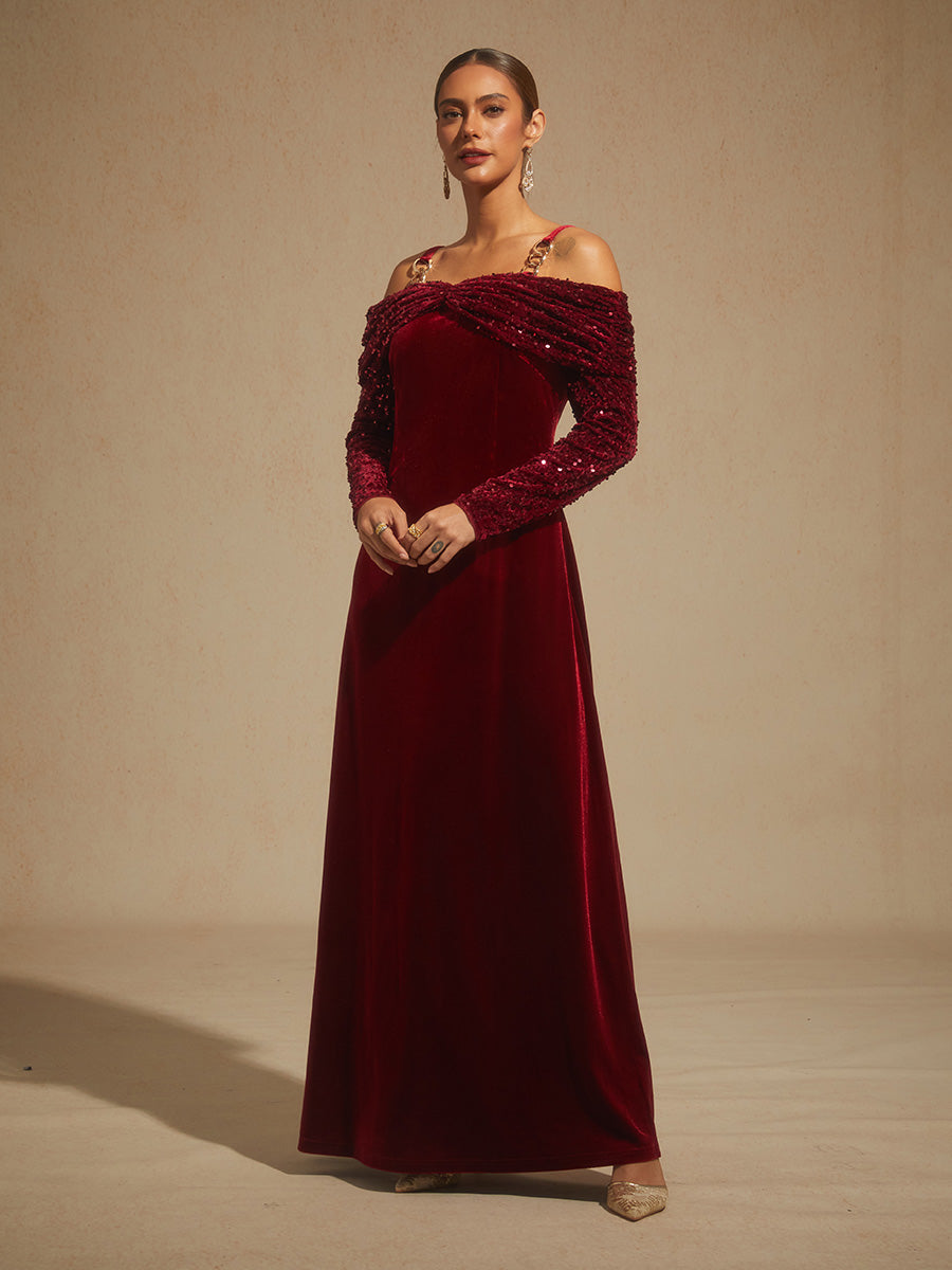 Off-Shoulder Velvet Midi Dress with Metal Ring Strap