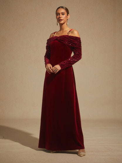 Off-Shoulder Velvet Midi Dress with Metal Ring Strap