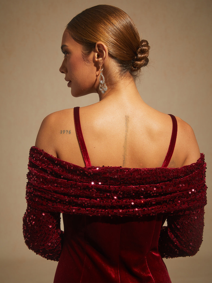 Off-Shoulder Velvet Midi Dress with Metal Ring Strap