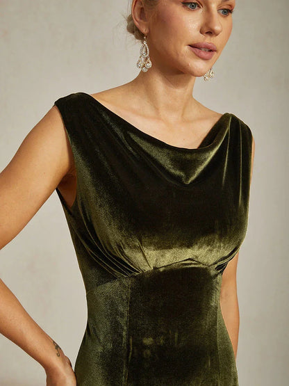 High-Stretch Velvet Sleeveless Midi Dress with Scoop Neck