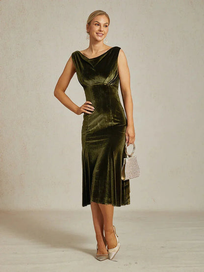 High-Stretch Velvet Sleeveless Midi Dress with Scoop Neck