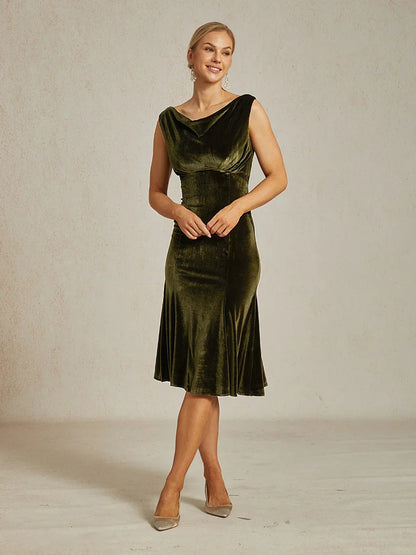 High-Stretch Velvet Sleeveless Midi Dress with Cowl Neck