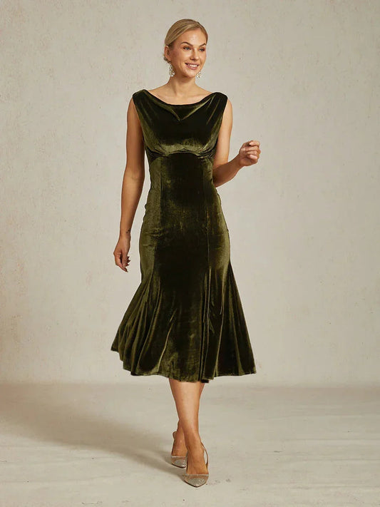 High-Stretch Velvet Sleeveless Midi Dress with Cowl Neck