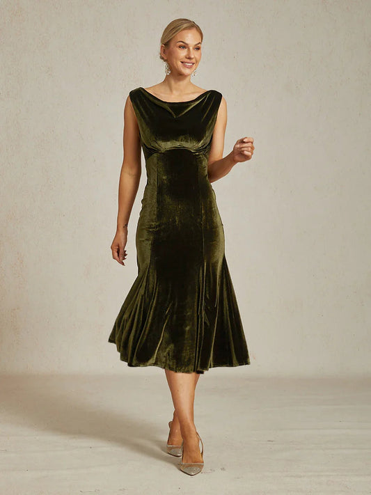 High-Stretch Velvet Sleeveless Midi Dress with Cowl Neck