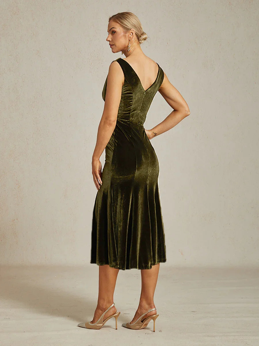 High-Stretch Velvet Sleeveless Midi Dress with Cowl Neck