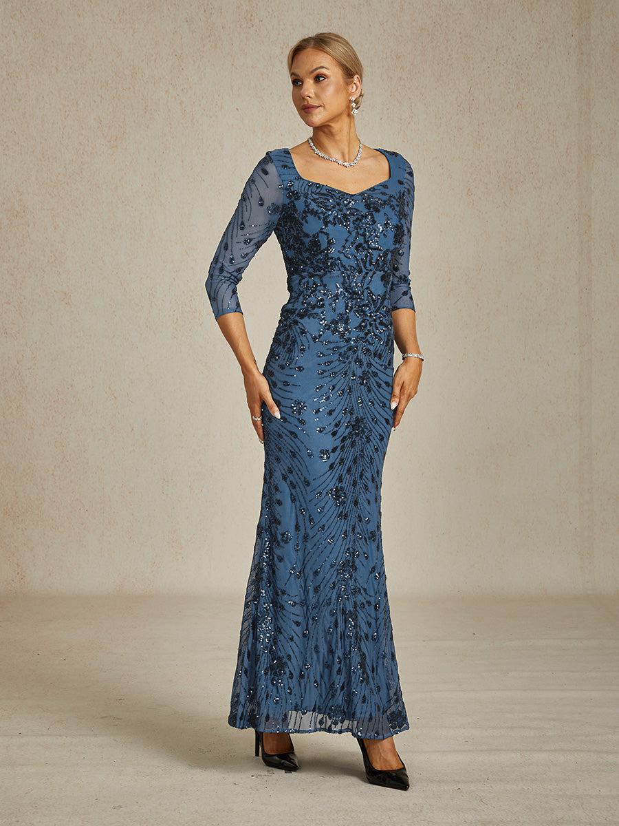 Square Neck 3/4 Sleeve Sequin Embroidered Mermaid Gown