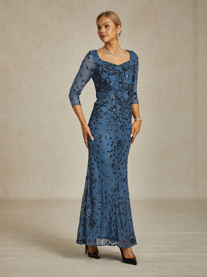 Square Neck 3/4 Sleeve Sequin Embroidered Mermaid Gown