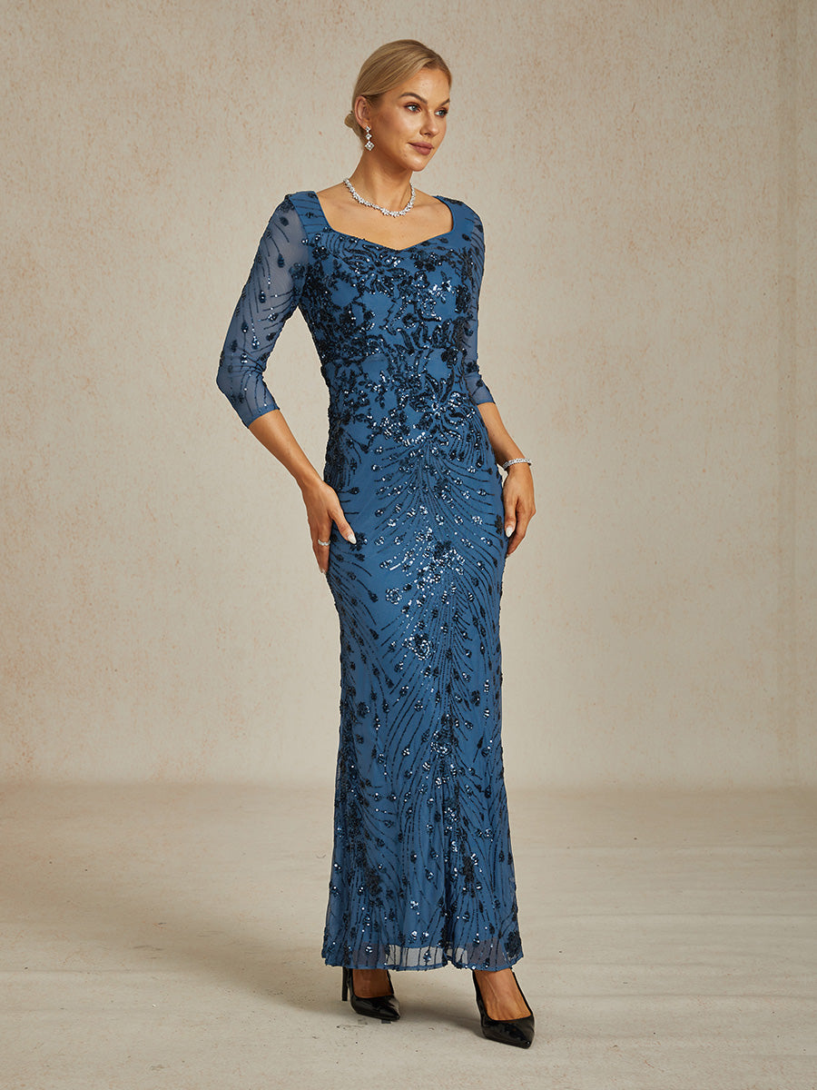 Square Neck 3/4 Sleeve Sequin Embroidered Mermaid Gown
