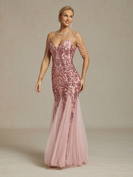 Vintage 1920s Sequin Off Shoulder Mermaid Evening Gown