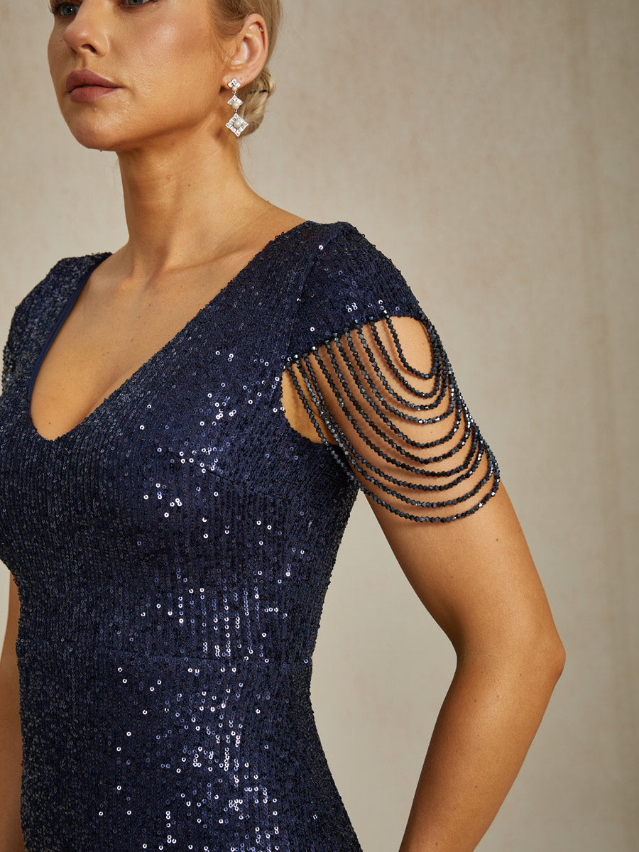 Sequin Mermaid Evening Gown with Beaded Chain Details