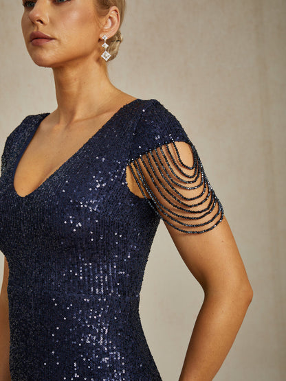 Sequin Mermaid Evening Gown with Beaded Chain Details