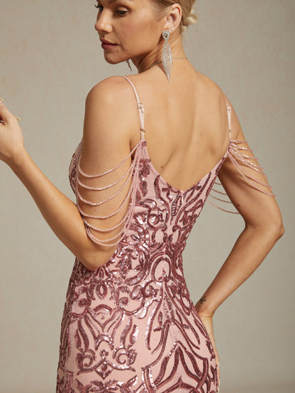 Vintage 1920s Sequin Off Shoulder Mermaid Evening Gown