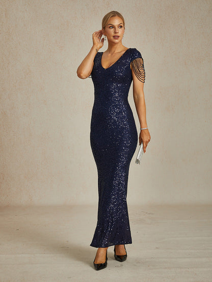 Sequin Mermaid Evening Gown with Beaded Chain Details