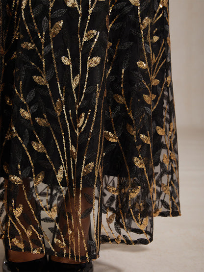 High-Waist A-Line Dress with Sequin Embroidery