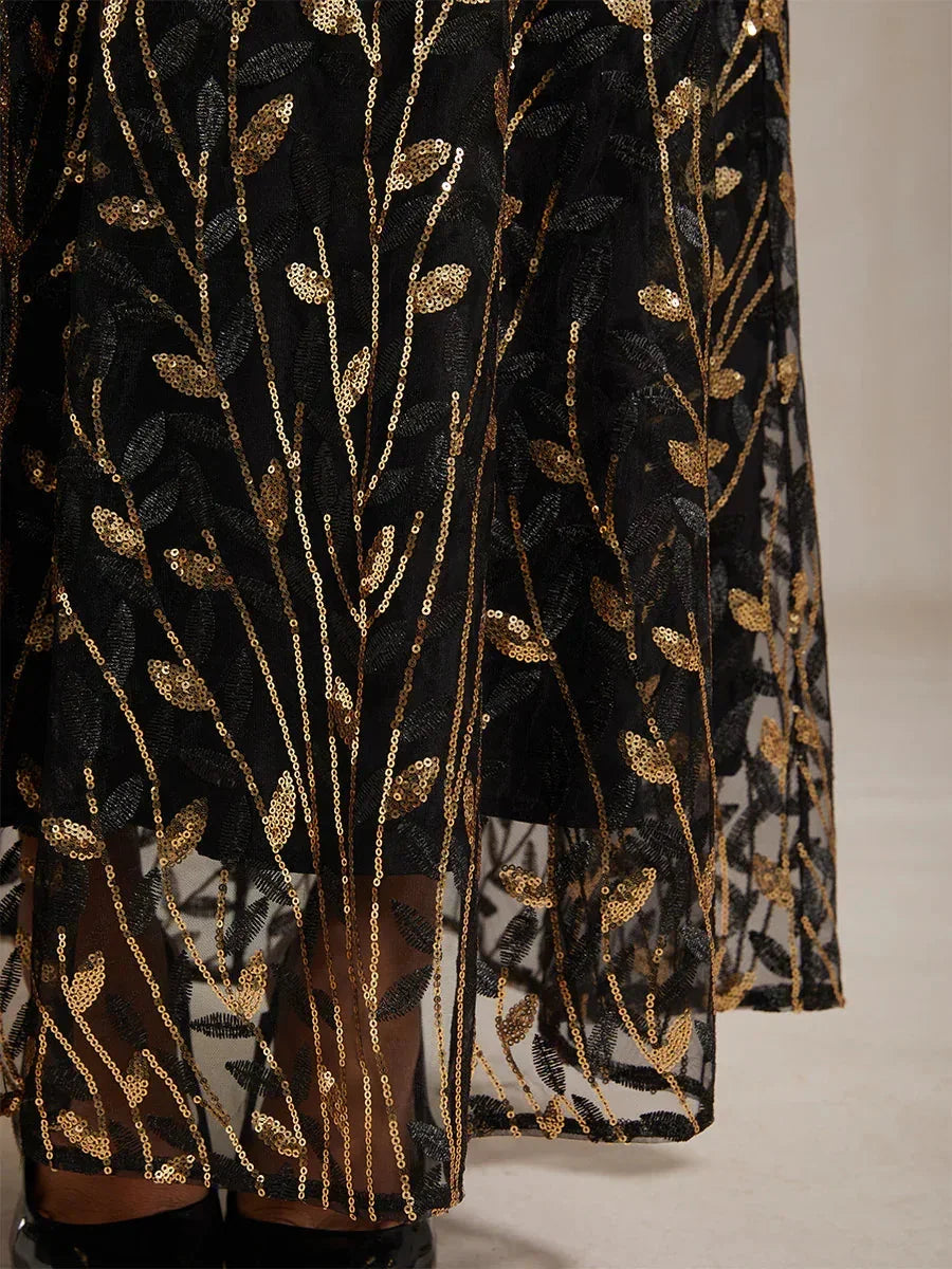 High-Waist A-Line Dress with Sequin Embroidery