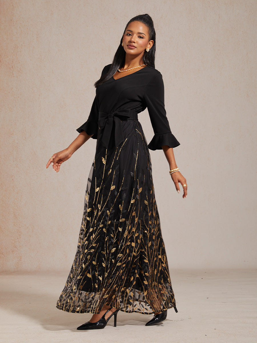 High-Waist A-Line Dress with Sequin Embroidery