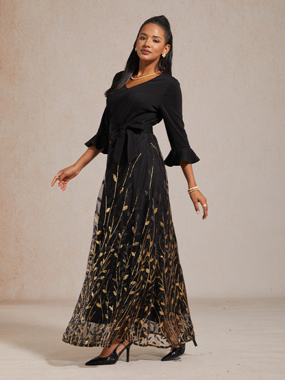 High-Waist A-Line Dress with Sequin Embroidery