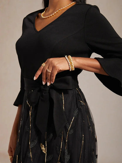 High-Waist A-Line Dress with Sequin Embroidery