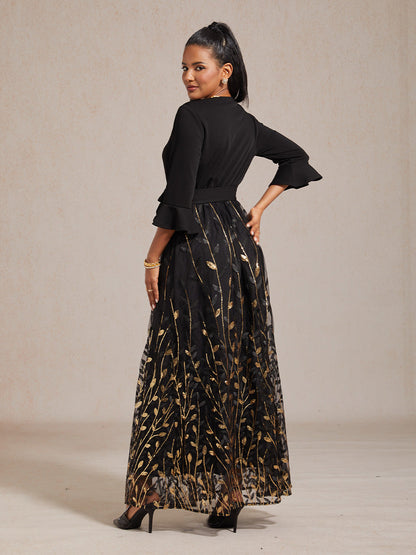 High-Waist A-Line Dress with Sequin Embroidery