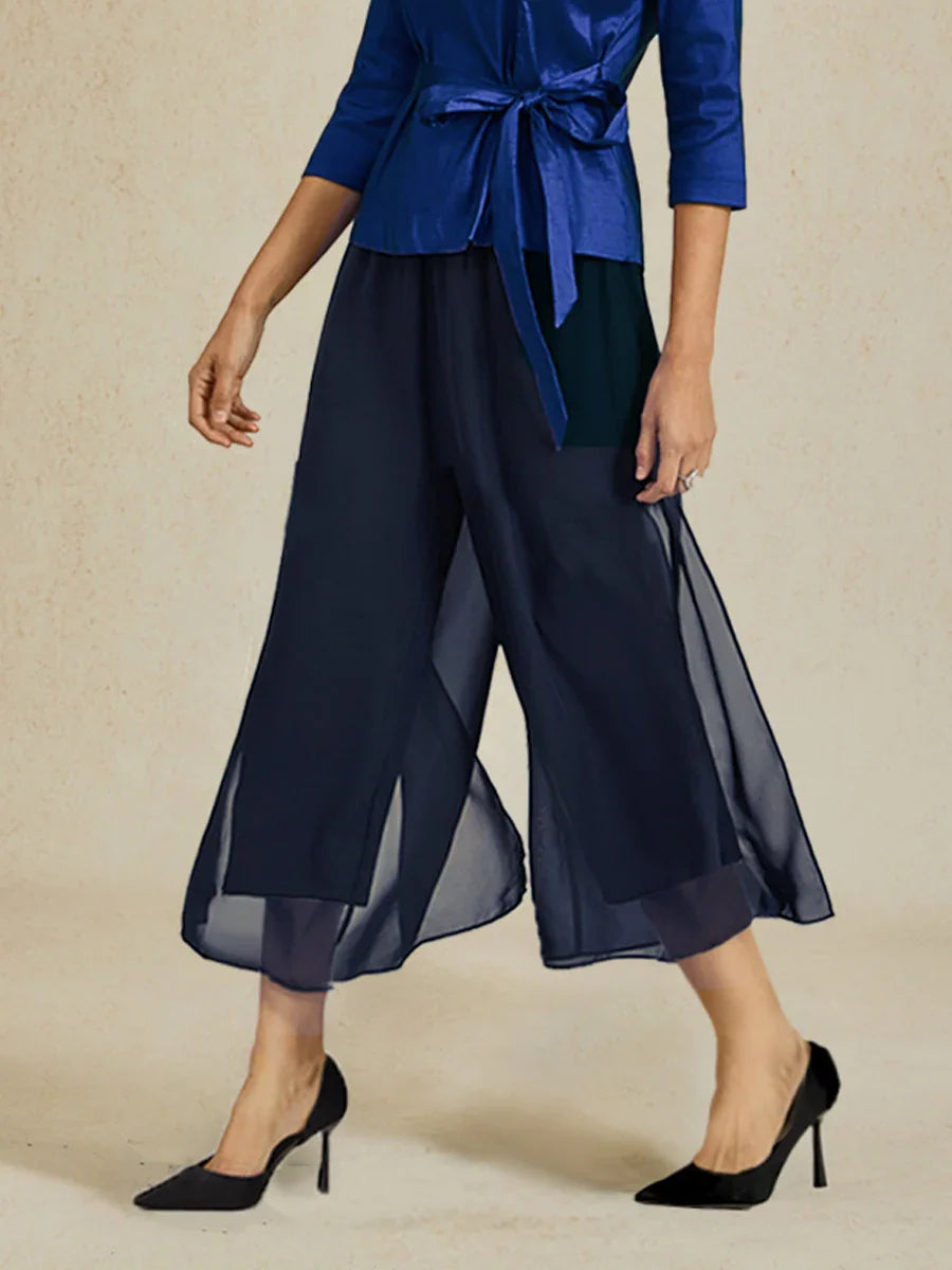 Cropped Length Straight Leg Pant With Chiffon Split Leg Overlay