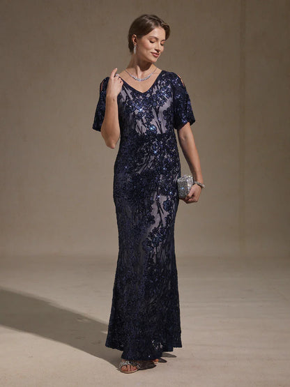 V-Neck Sequin Embroidered Cold Shoulder Evening Dress